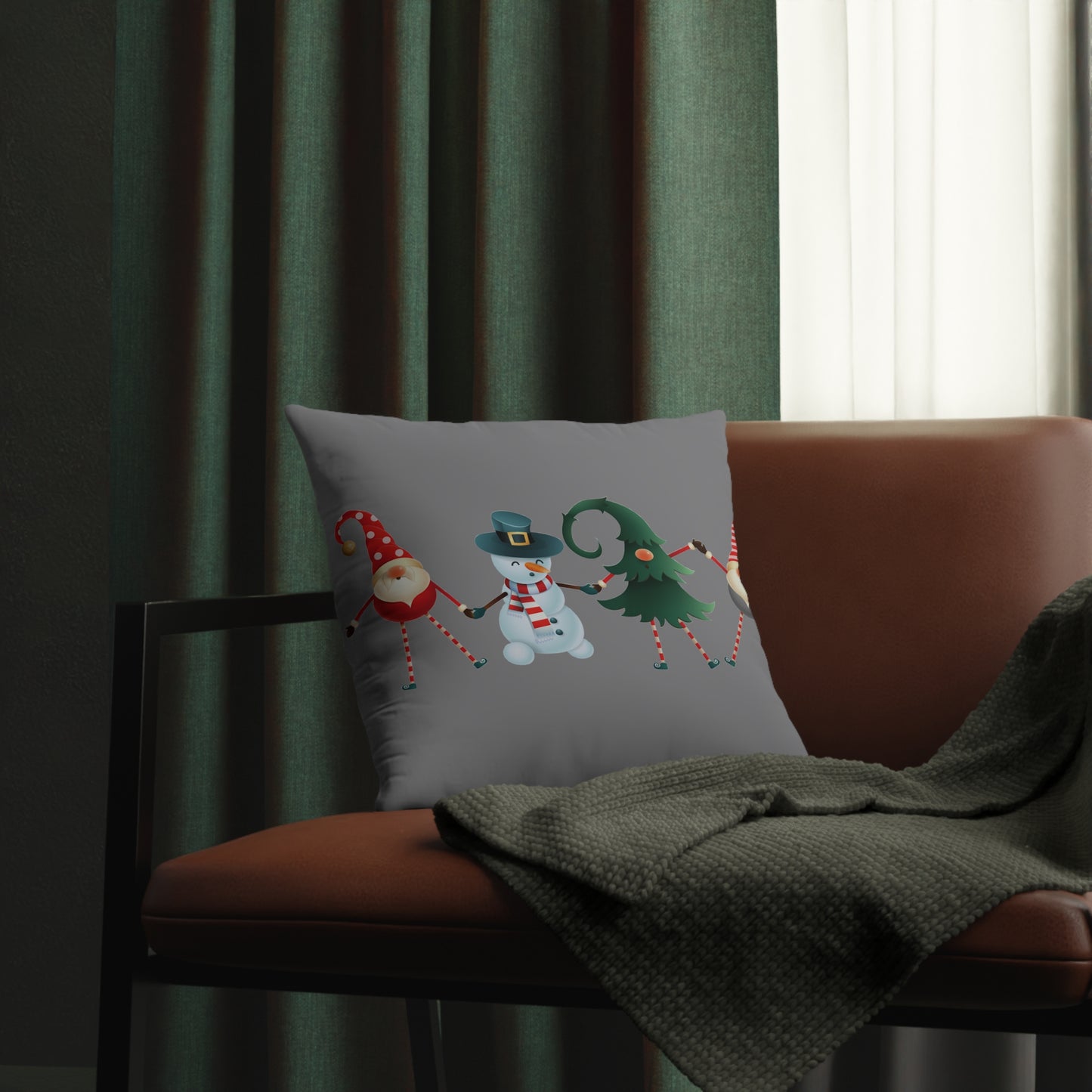 Dancing Elves, Christmas Tree, and Snowman - Grey Waterproof Pillows