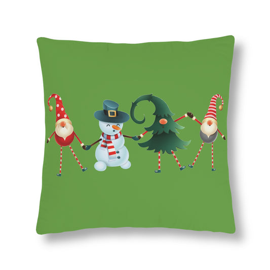 Dancing Elves, Christmas Tree, and Snowman - Green Waterproof Pillows