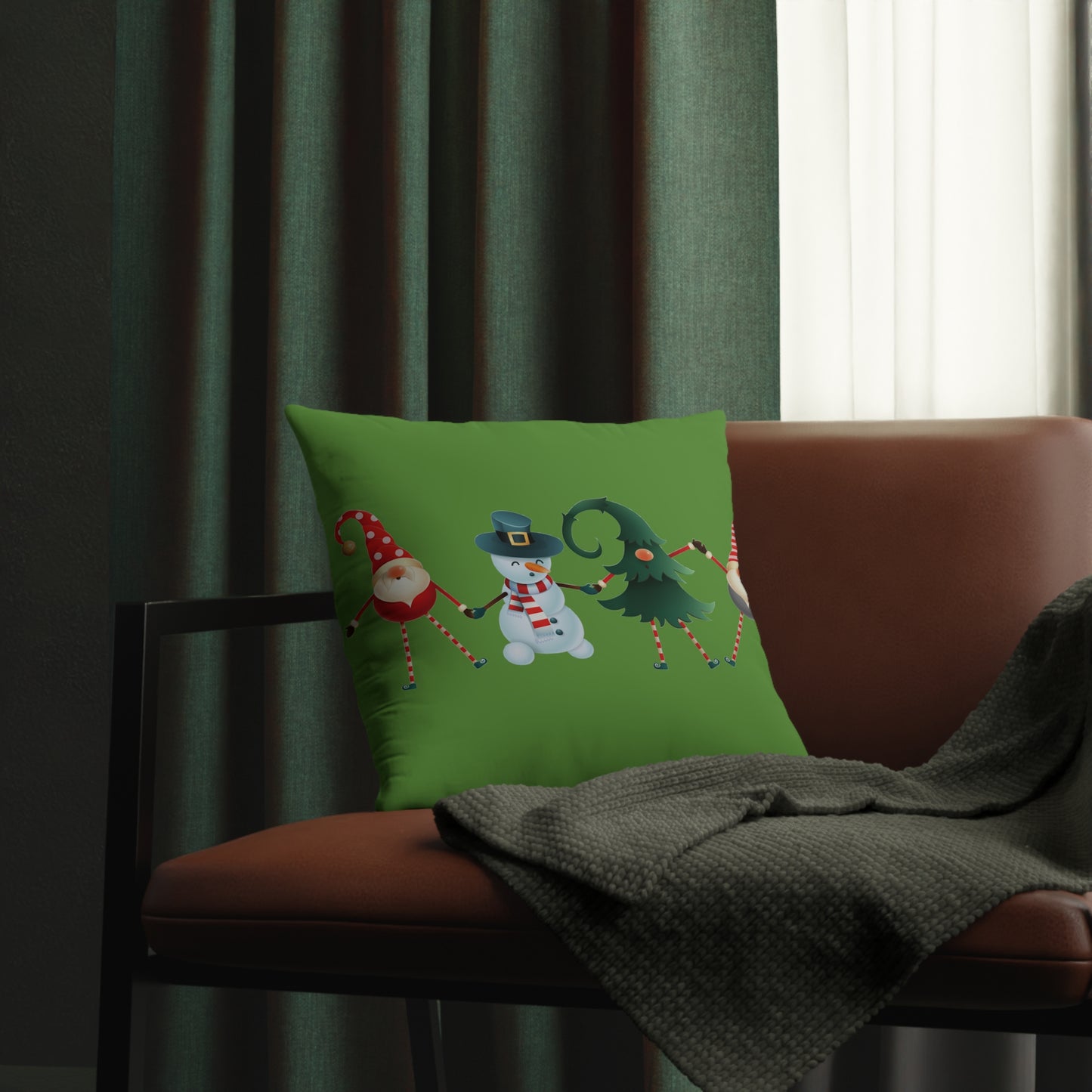 Dancing Elves, Christmas Tree, and Snowman - Green Waterproof Pillows