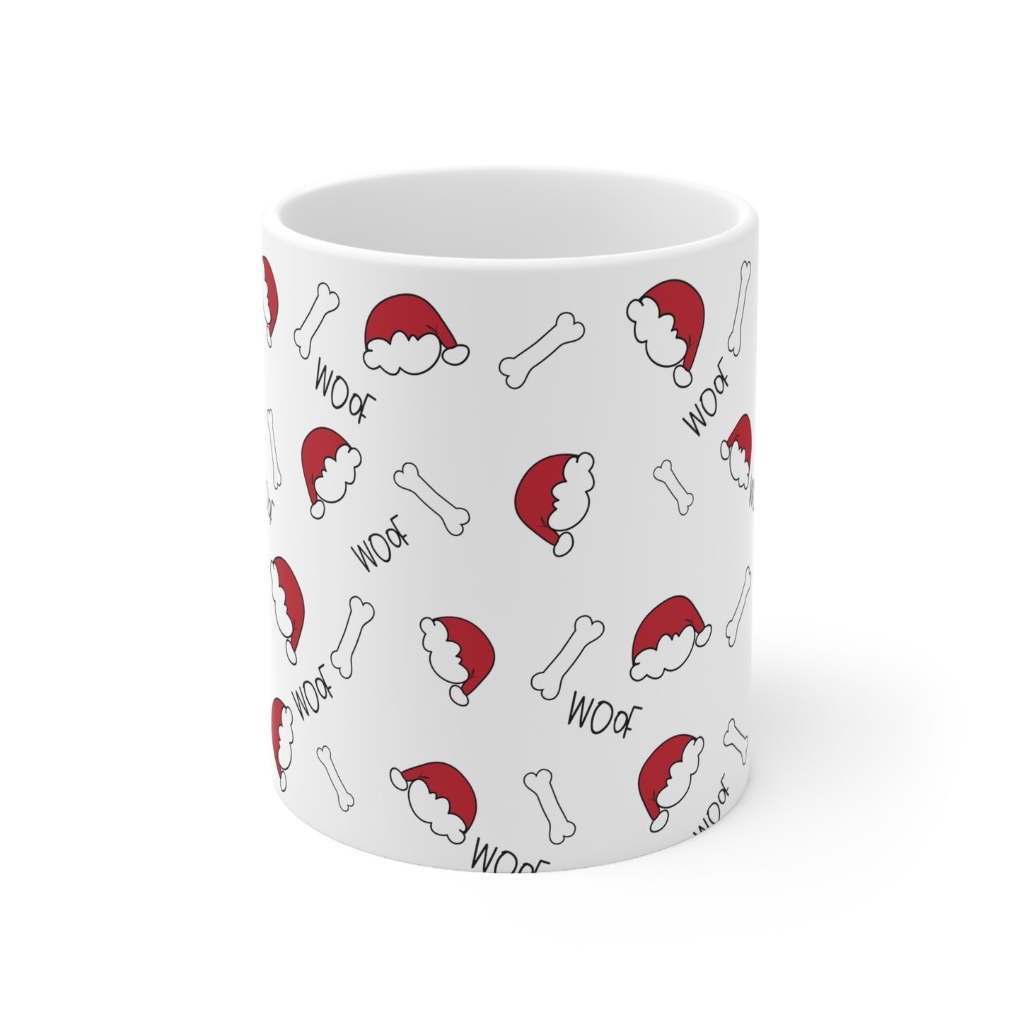 Santa Hat Dog Bone and Woof Holiday Ceramic Mug 11oz