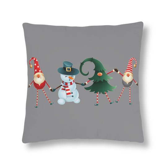 Dancing Elves, Christmas Tree, and Snowman - Grey Waterproof Pillows