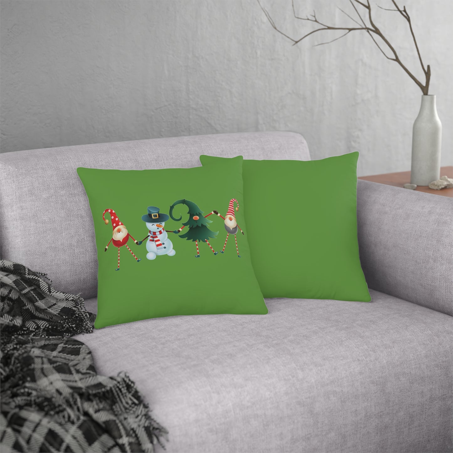 Dancing Elves, Christmas Tree, and Snowman - Green Waterproof Pillows