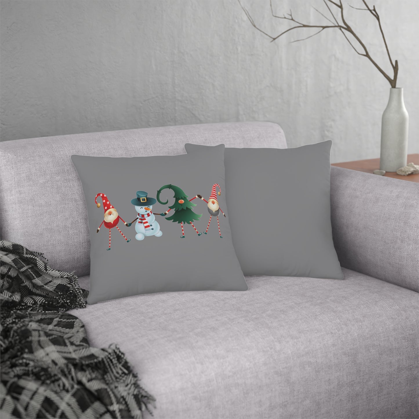 Dancing Elves, Christmas Tree, and Snowman - Grey Waterproof Pillows