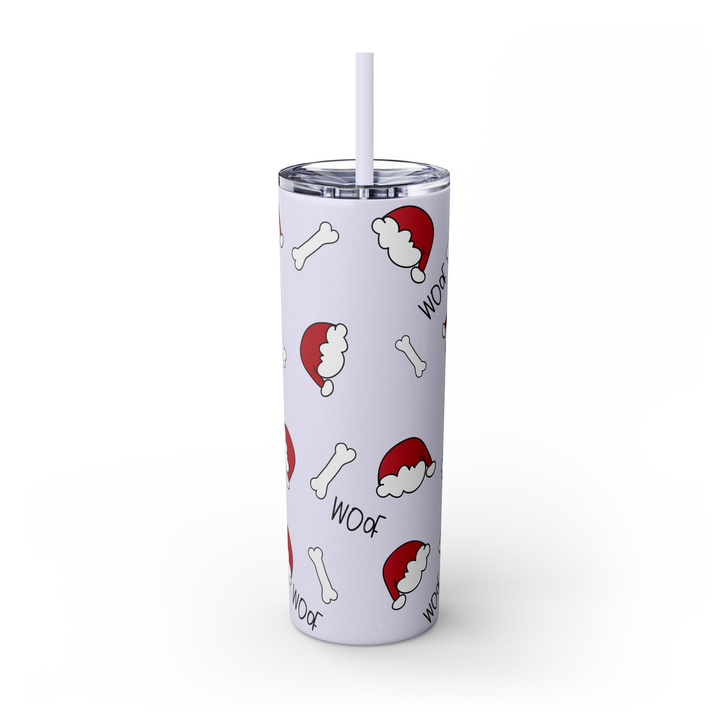 Santa Hat Dog Bone and Woof Holiday Skinny Tumbler with Straw, 20oz