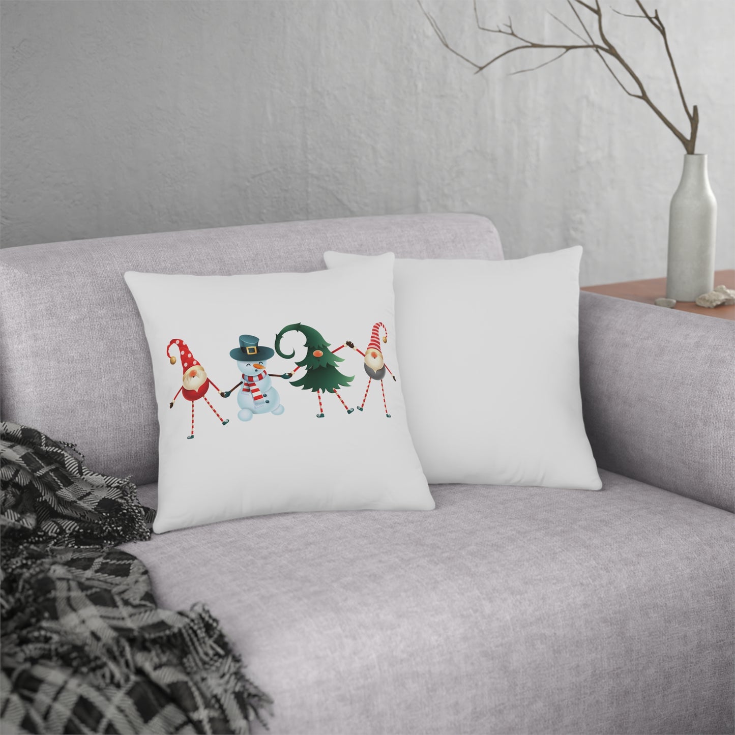 Dancing Elves, Christmas Tree, and Snowman - White Waterproof Pillows