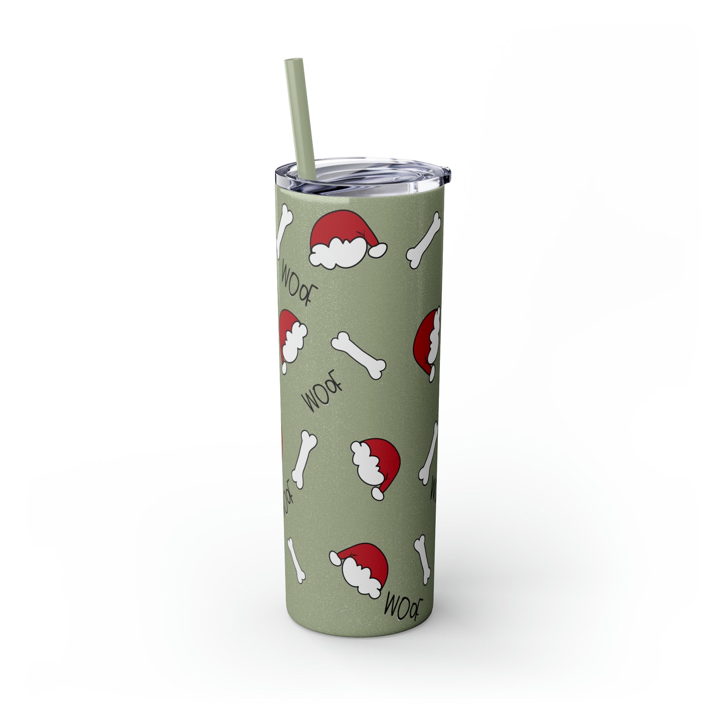 Santa Hat Dog Bone and Woof Holiday Skinny Tumbler with Straw, 20oz