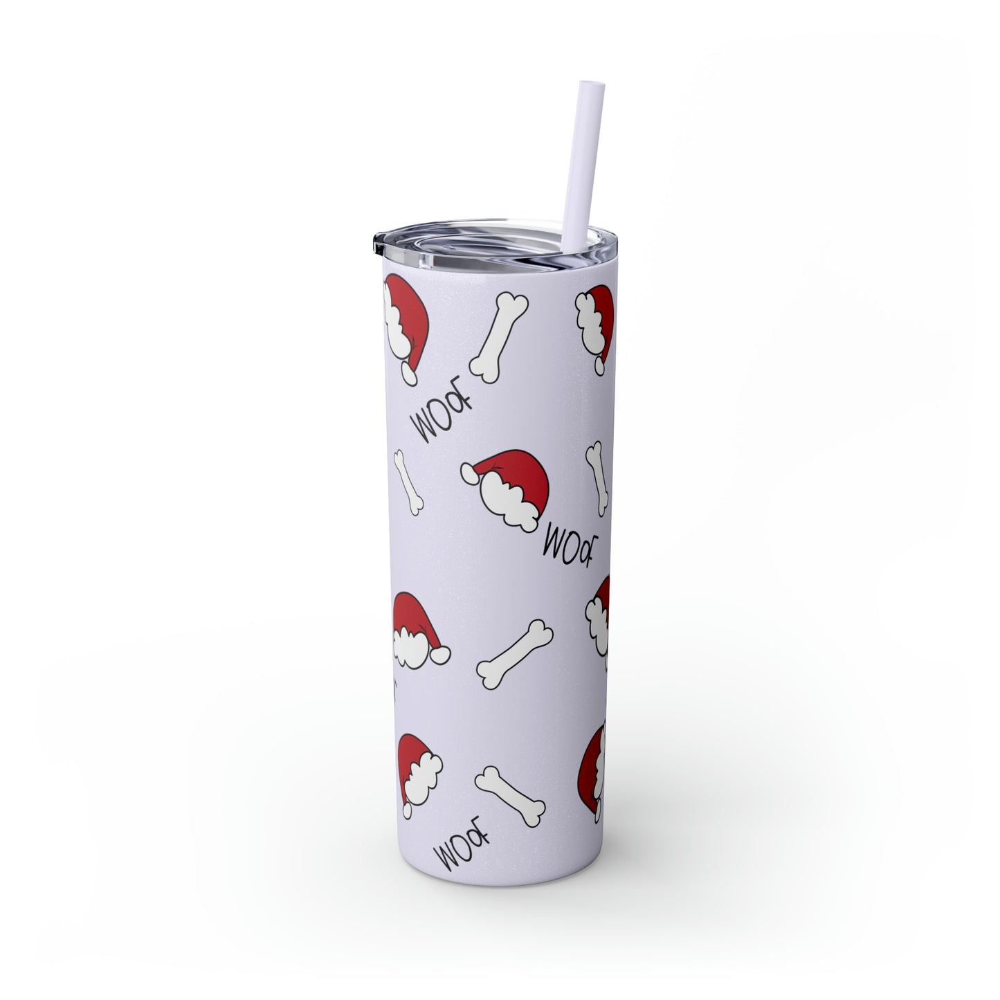 Santa Hat Dog Bone and Woof Holiday Skinny Tumbler with Straw, 20oz