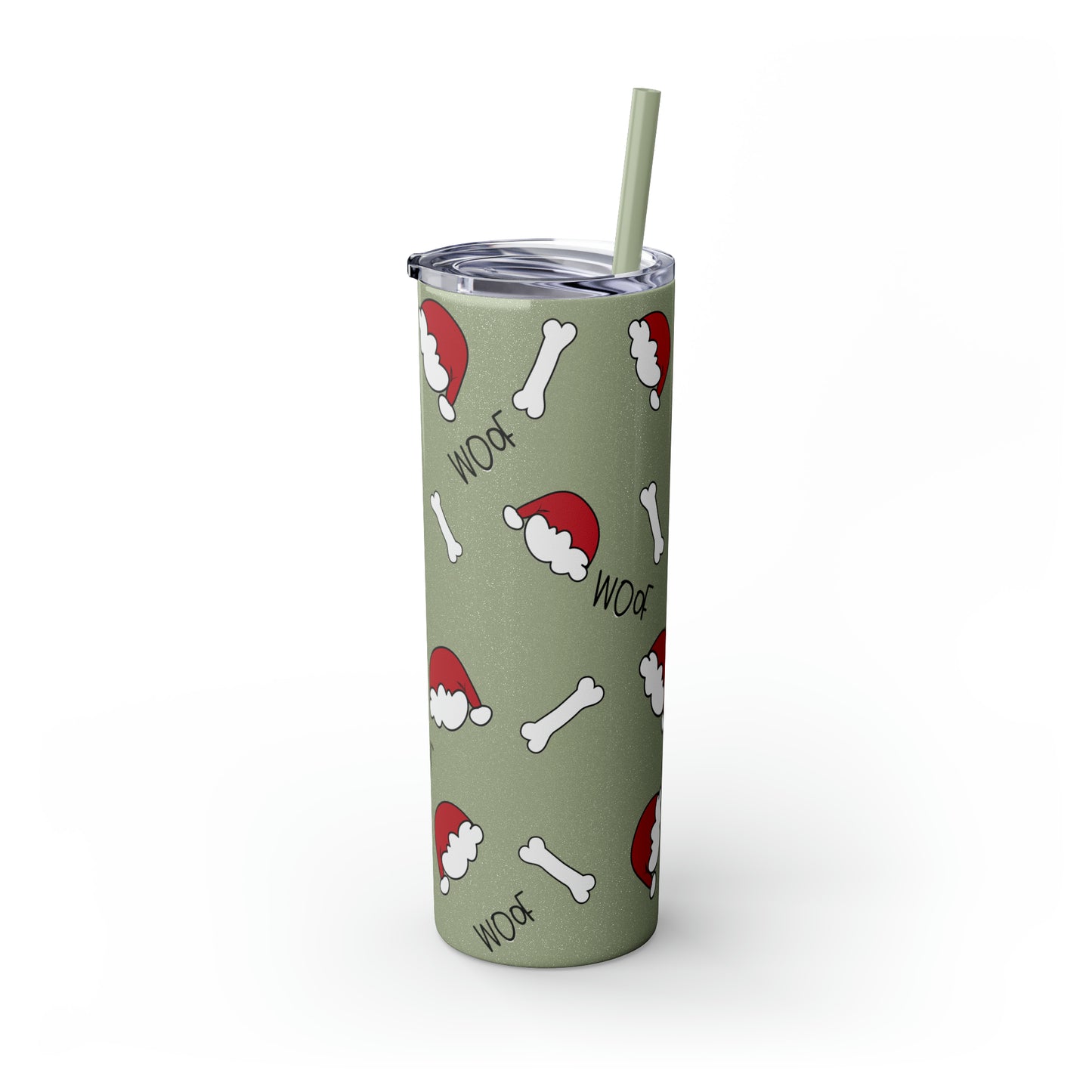 Santa Hat Dog Bone and Woof Holiday Skinny Tumbler with Straw, 20oz