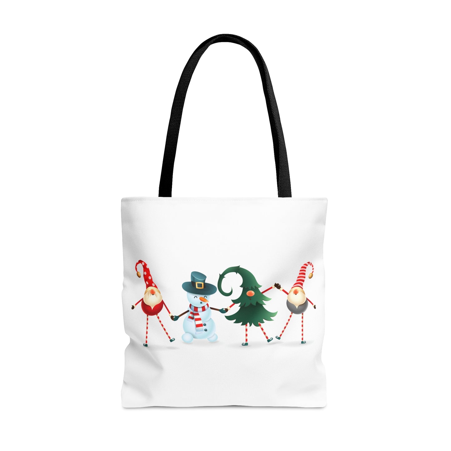 Dancing Elves, Christmas Tree & Snowman Holiday Theme Tote Bag (AOP)