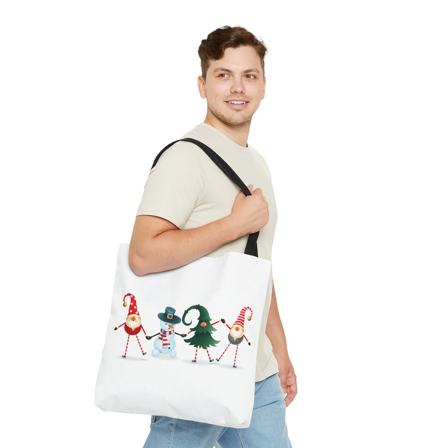 Dancing Elves, Christmas Tree & Snowman Holiday Theme Tote Bag (AOP)