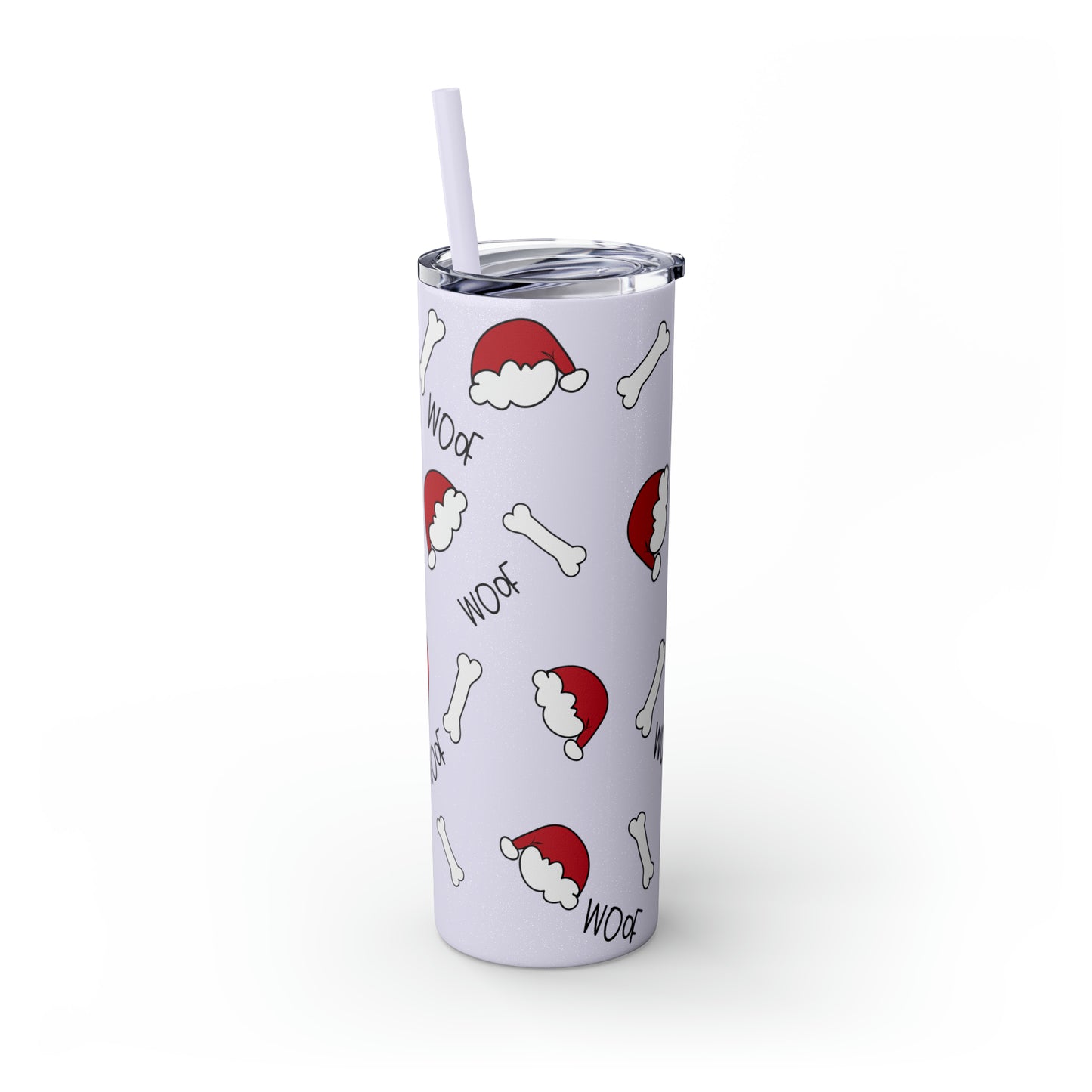 Santa Hat Dog Bone and Woof Holiday Skinny Tumbler with Straw, 20oz