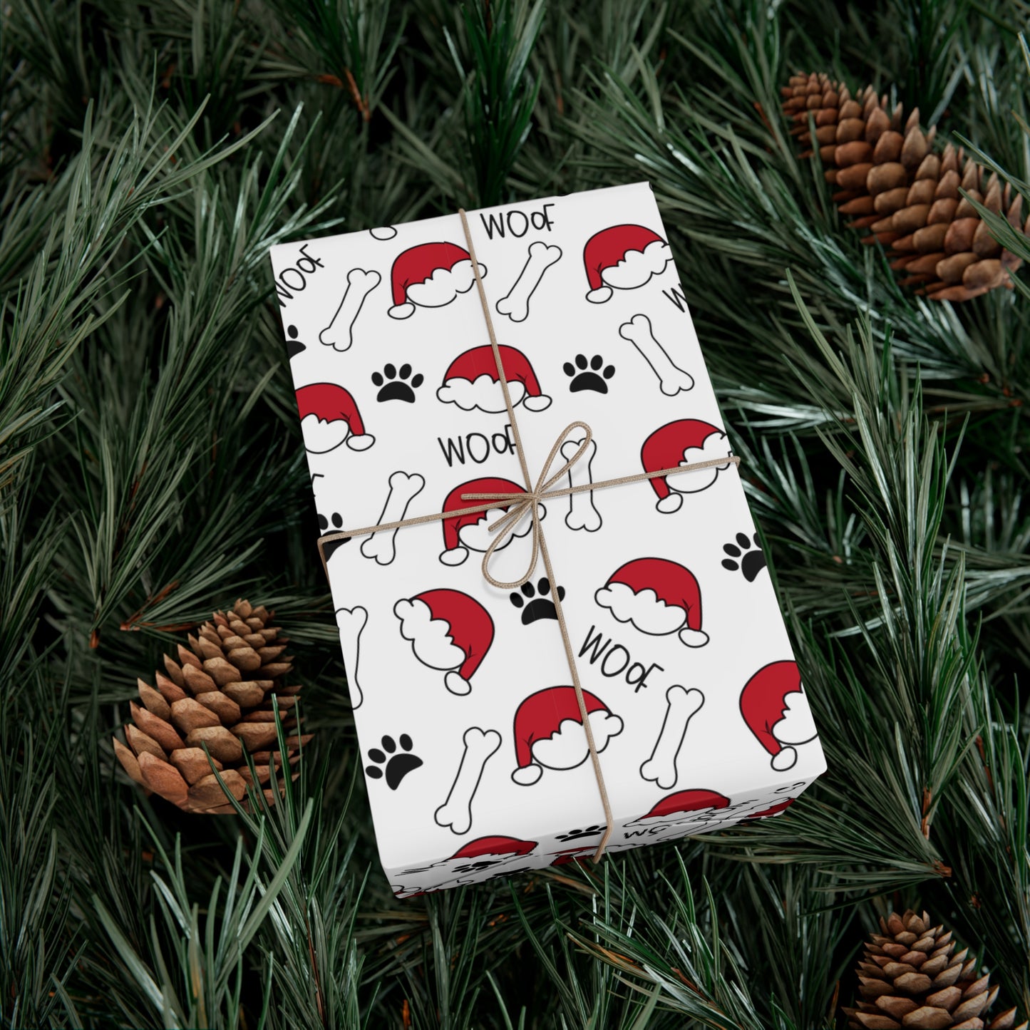 Santa Hat with dog bones and Woof Holiday Gift Wrap Papers