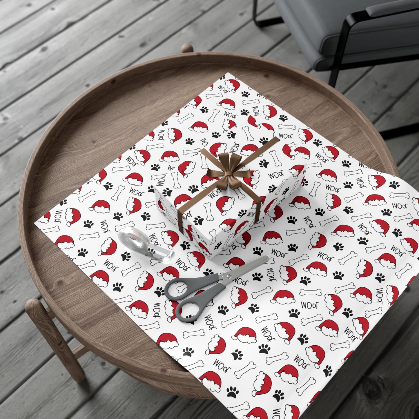 Santa Hat with dog bones and Woof Holiday Gift Wrap Papers