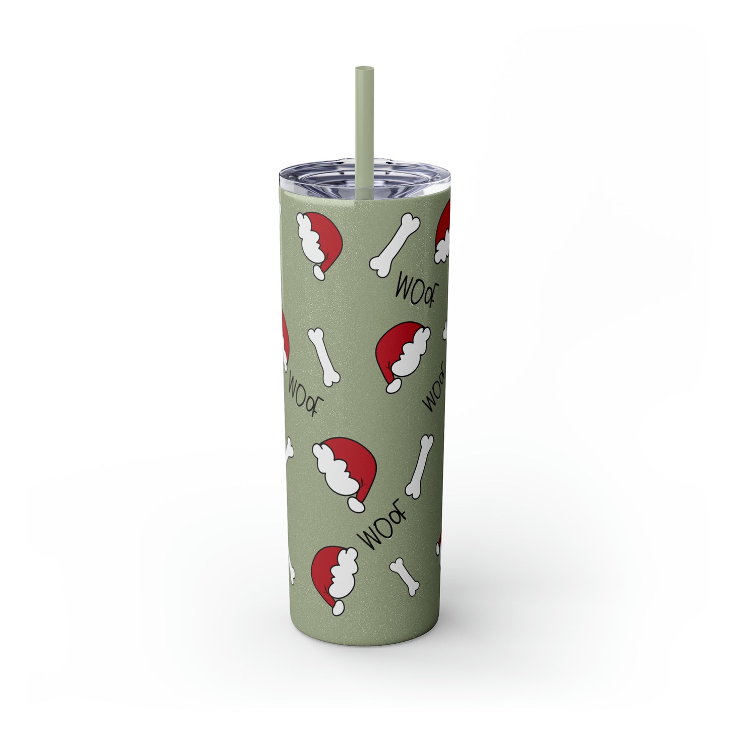 Santa Hat Dog Bone and Woof Holiday Skinny Tumbler with Straw, 20oz