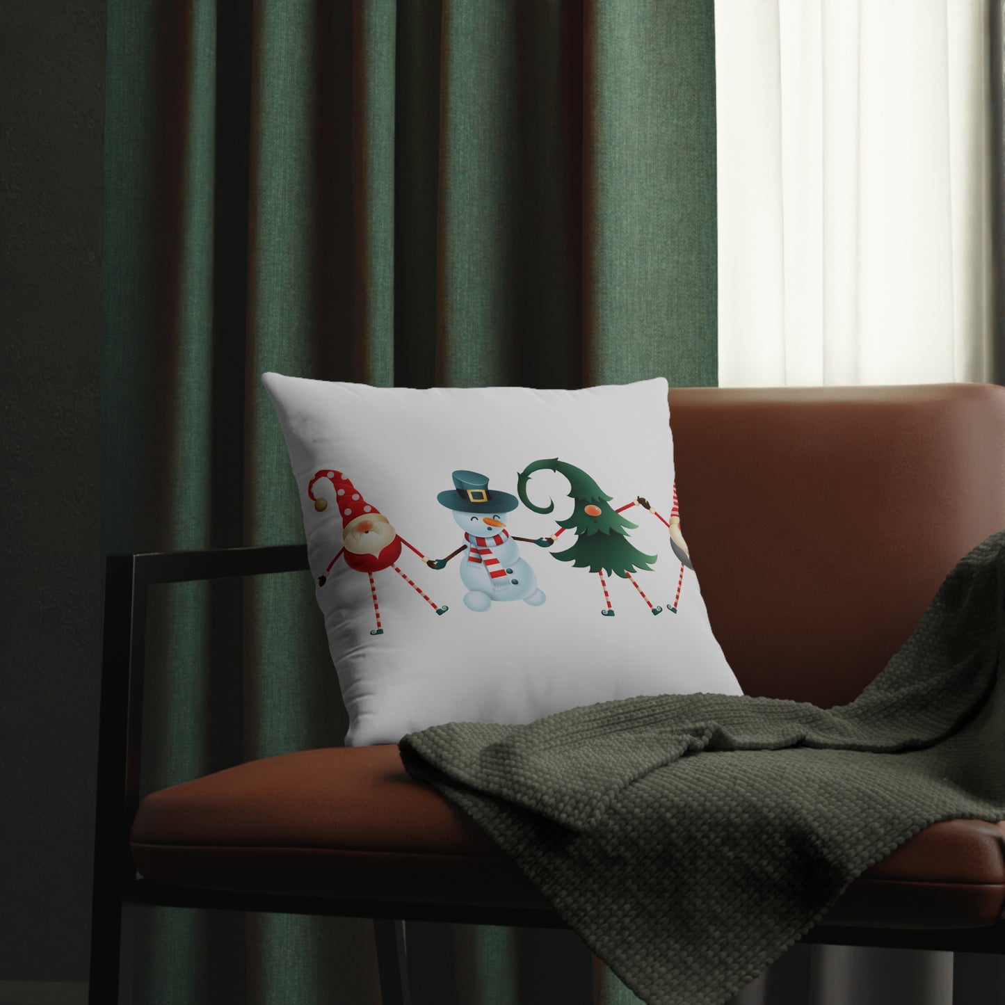 Dancing Elves, Christmas Tree, and Snowman - White Waterproof Pillows