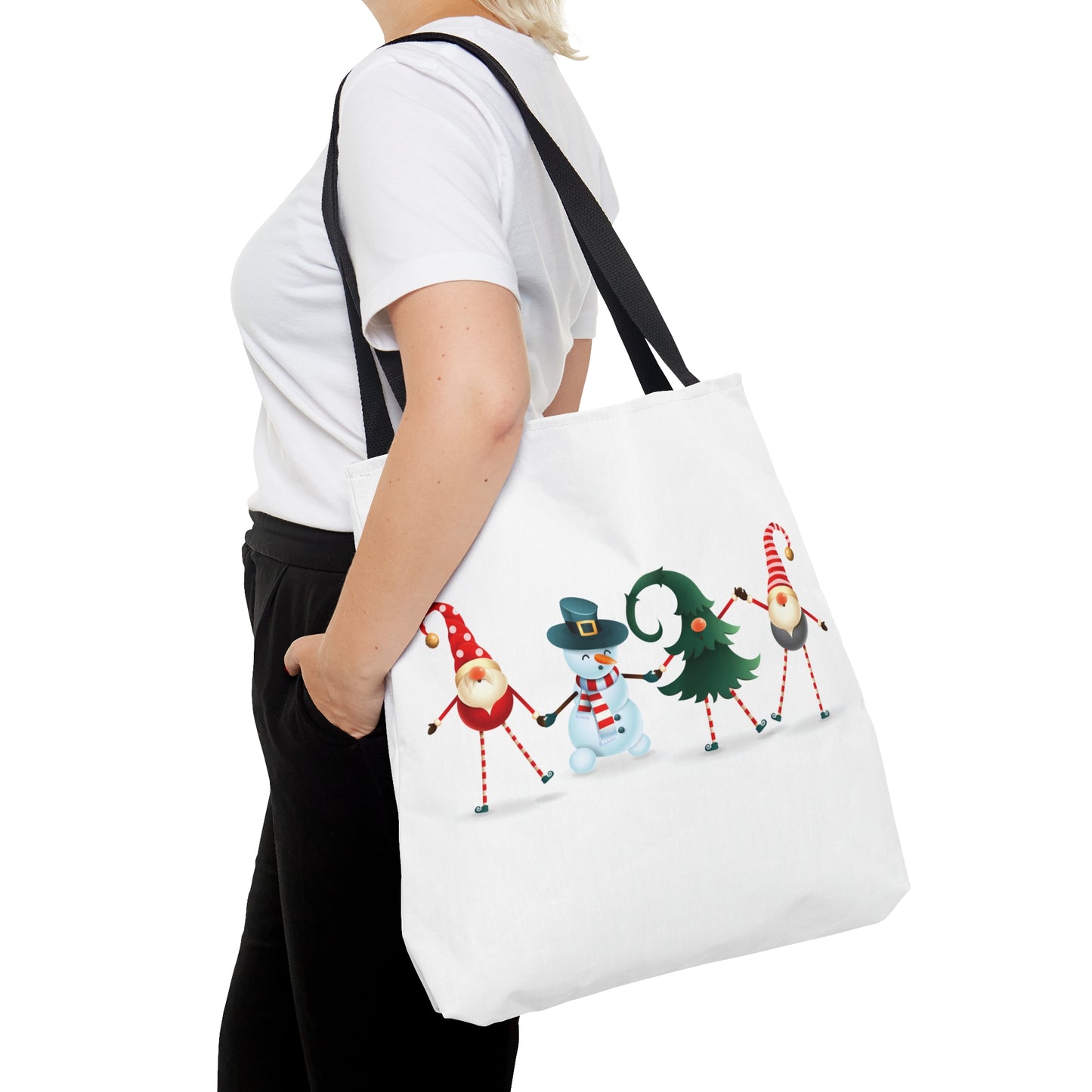 Dancing Elves, Christmas Tree & Snowman Holiday Theme Tote Bag (AOP)