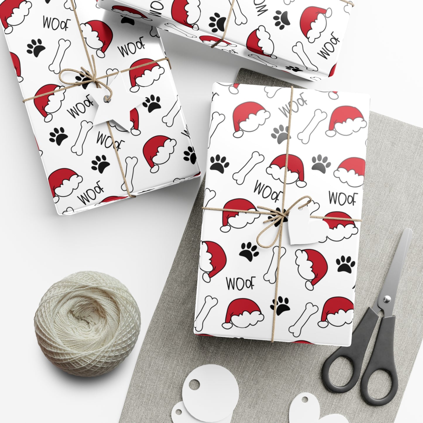 Santa Hat with dog bones and Woof Holiday Gift Wrap Papers