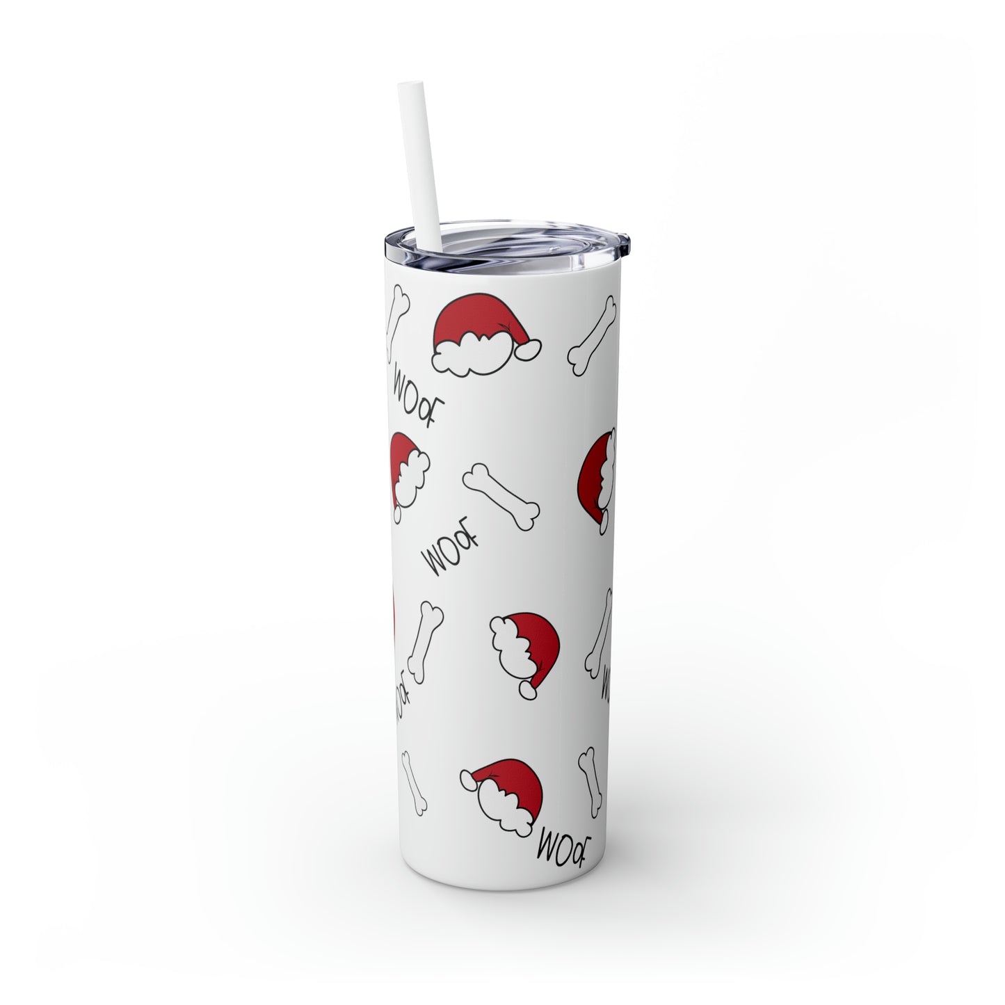 Santa Hat Dog Bone and Woof Holiday Skinny Tumbler with Straw, 20oz