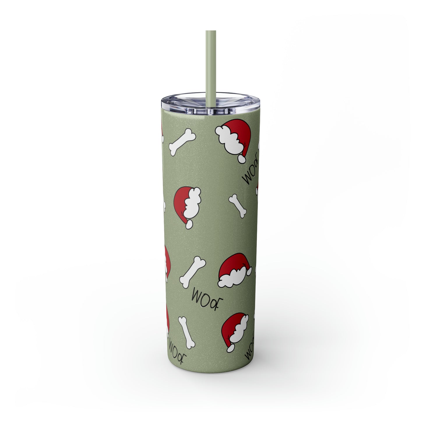 Santa Hat Dog Bone and Woof Holiday Skinny Tumbler with Straw, 20oz