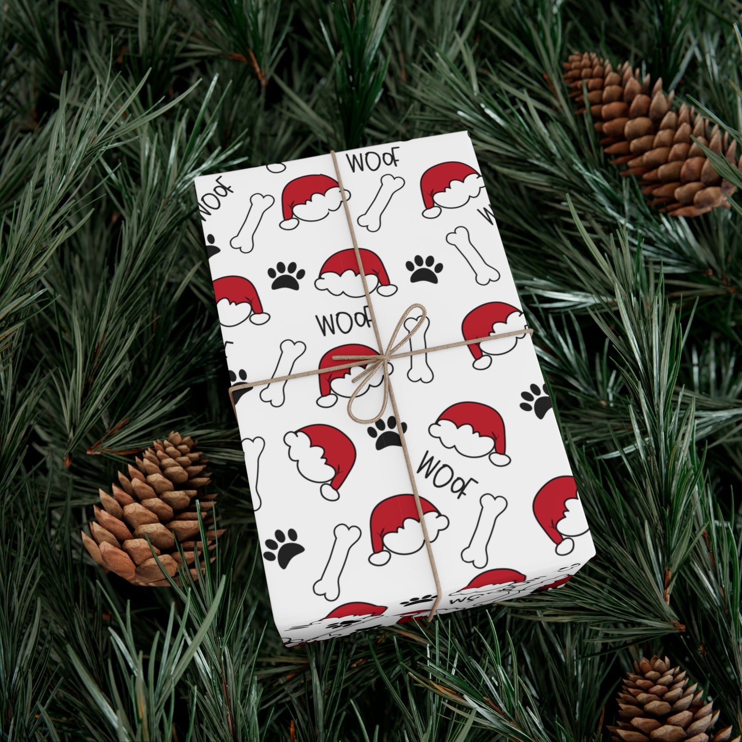 Santa Hat with dog bones and Woof Holiday Gift Wrap Papers