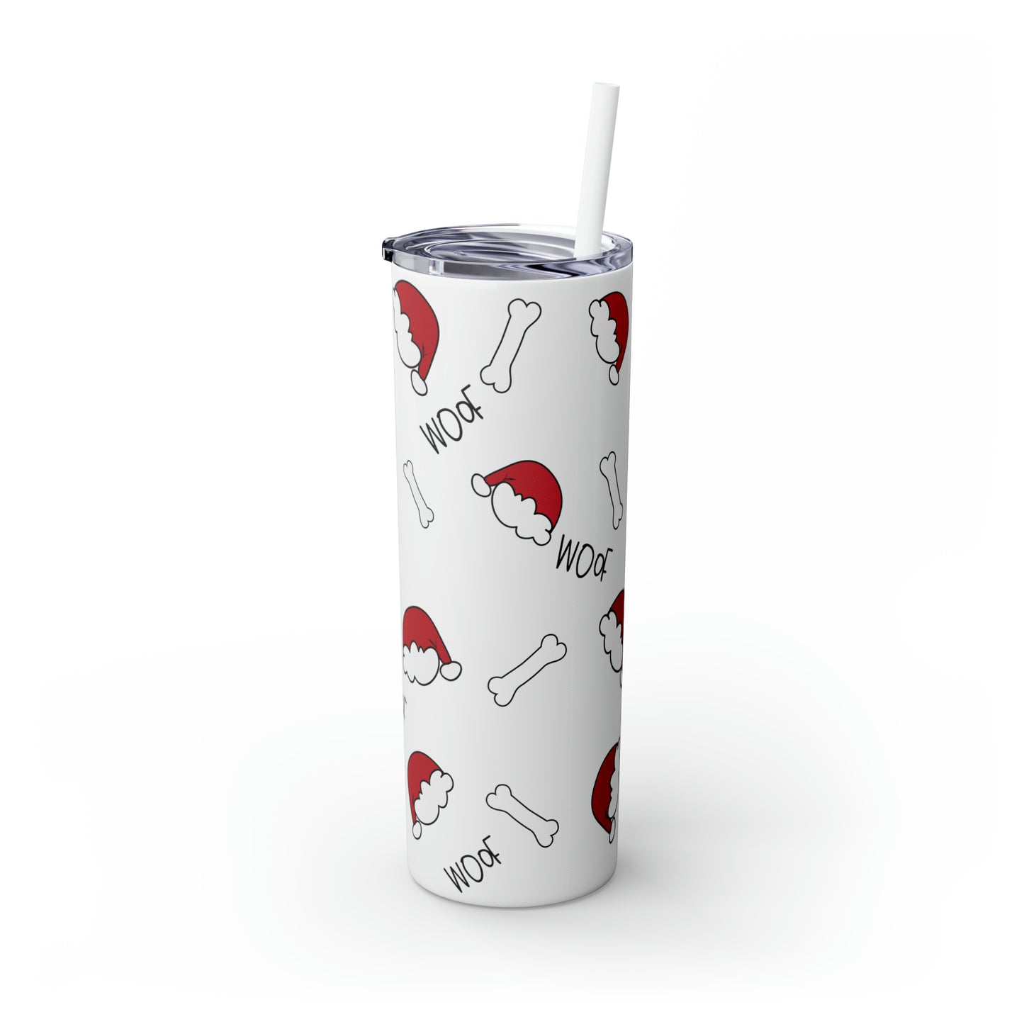 Santa Hat Dog Bone and Woof Holiday Skinny Tumbler with Straw, 20oz